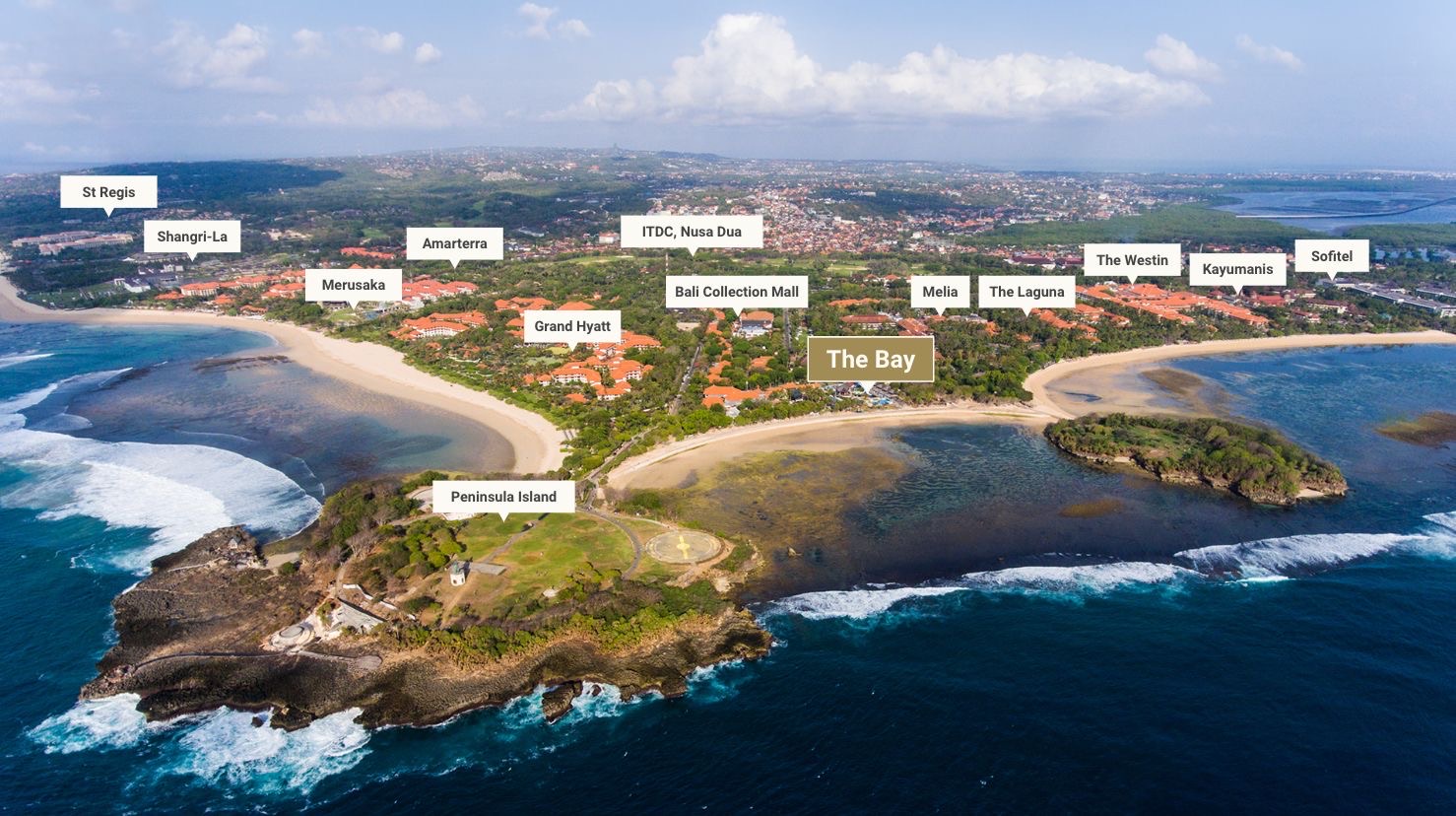 Aerial of the Nusa Dua resort enclave with The Bay and surrounding resorts labelled