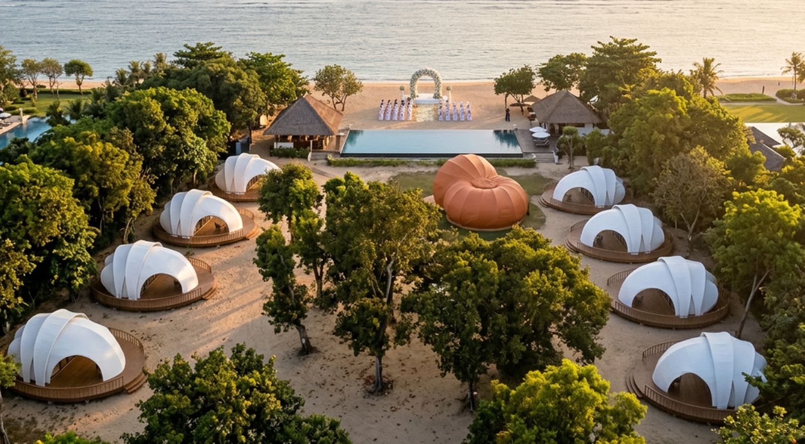 Concept render — shell tents arranged around the central couple's tent, pool and ceremony deck facing the beach
